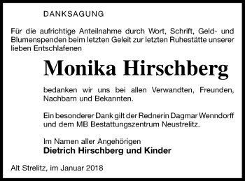 Traueranzeige von Monika Hirschberg von Strelitzer Zeitung