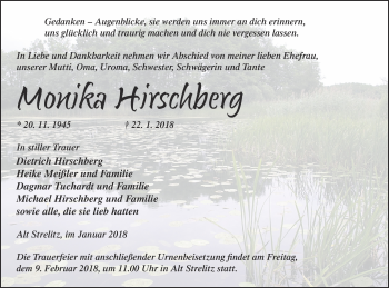 Traueranzeige von Monika Hirschberg von Strelitzer Zeitung