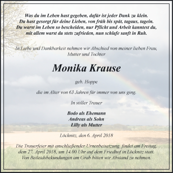 Traueranzeige von Monika Krause von Pasewalker Zeitung