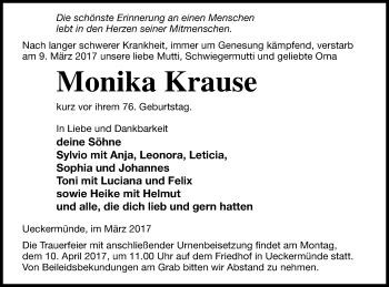 Traueranzeige von Monika Krause von Haff-Zeitung