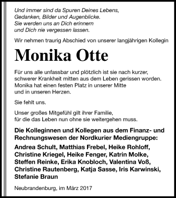 Traueranzeige von Monika Otte von Neubrandenburger Zeitung