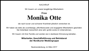 Traueranzeige von Monika Otte von Nordkurier Gesamtausgabe