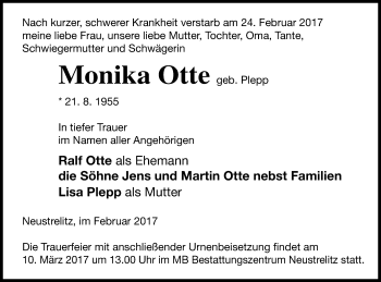 Traueranzeige von Monika Otte von Neubrandenburger Zeitung