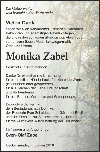 Traueranzeige von Monika Zabel von Haff-Zeitung