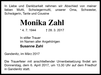 Traueranzeige von Monika Zahl von Templiner Zeitung