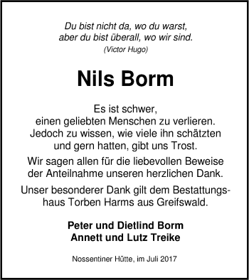 Traueranzeige von Nils Borm von Müritz-Zeitung