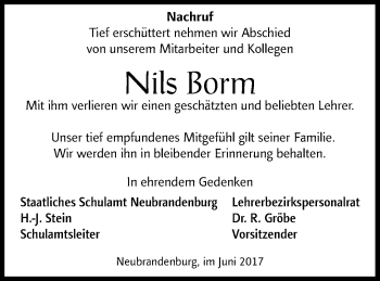 Traueranzeige von Nils Borm von Müritz-Zeitung