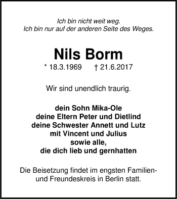 Traueranzeige von Nils Borm von Müritz-Zeitung