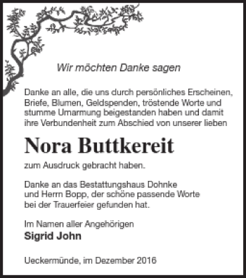 Traueranzeige von Nora Buttkereit von Haff-Zeitung