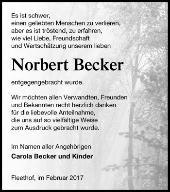 Traueranzeige von Norbert Becker von Vorpommern Kurier