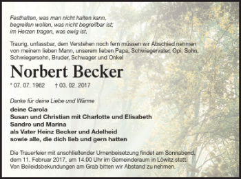 Traueranzeige von Norbert Becker von Vorpommern Kurier