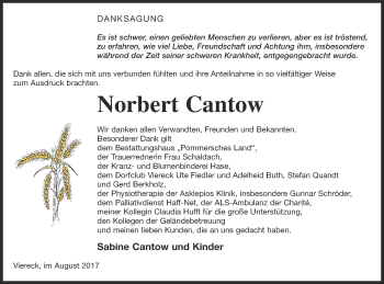 Traueranzeige von Norbert Cantow von Pasewalker Zeitung