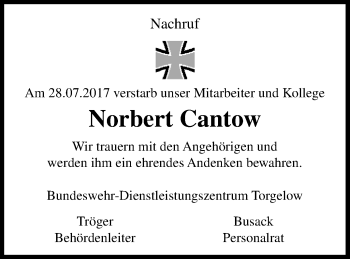 Traueranzeige von Norbert Cantow von Pasewalker Zeitung