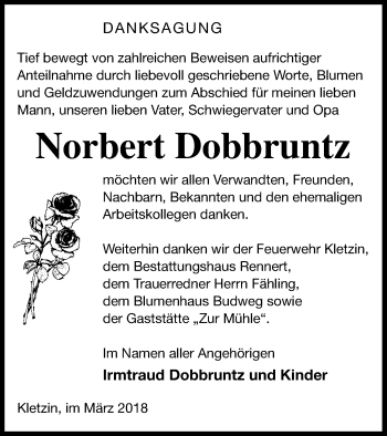 Traueranzeige von Norbert Dobbruntz von Demminer Zeitung