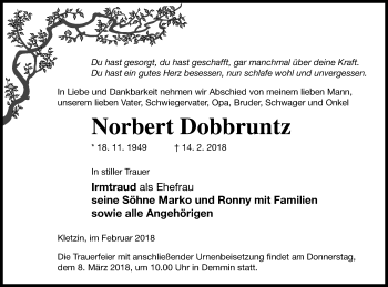 Traueranzeige von Norbert Dobbruntz von Demminer Zeitung