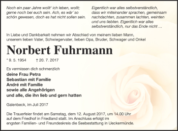 Traueranzeige von Norbert Fuhrmann von Neubrandenburger Zeitung