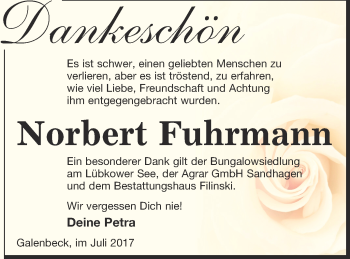 Traueranzeige von Norbert Fuhrmann von Neubrandenburger Zeitung