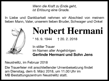 Traueranzeige von Norbert Hermani von Strelitzer Zeitung