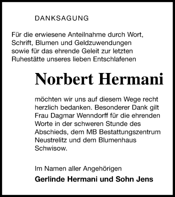 Traueranzeige von Norbert Hermani von Strelitzer Zeitung