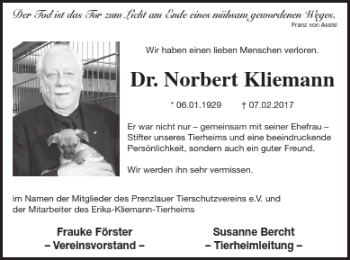 Traueranzeige von Norbert Kliemann von Prenzlauer Zeitung