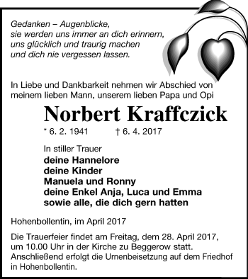 Traueranzeige von Norbert Kraffczick von Demminer Zeitung