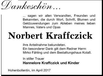 Traueranzeige von Norbert Kraffczick von Demminer Zeitung