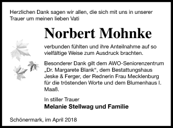 Traueranzeige von Norbert Mohnke von Prenzlauer Zeitung