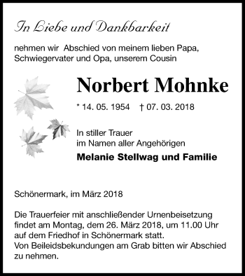 Traueranzeige von Norbert Mohnke von Prenzlauer Zeitung