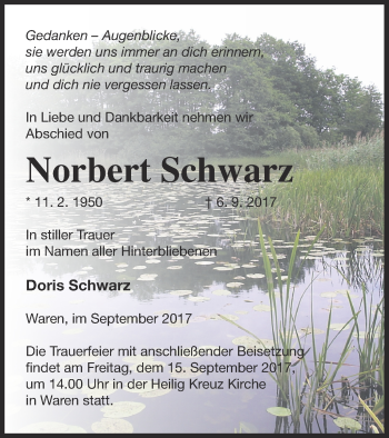Traueranzeige von Norbert Schwarz von Müritz-Zeitung