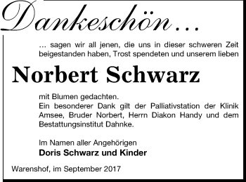 Traueranzeige von Norbert Schwarz von Müritz-Zeitung
