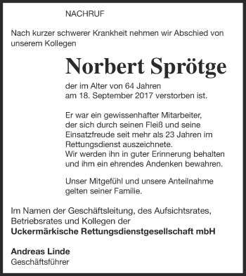 Traueranzeige von Norbert Sprötge von Uckermark Kombination