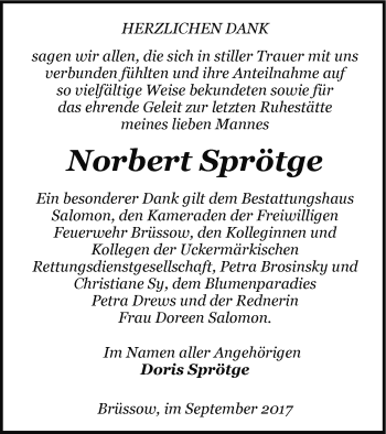 Traueranzeige von Norbert Sprötge von Prenzlauer Zeitung