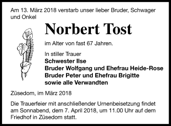 Traueranzeige von Norbert Tost von Pasewalker Zeitung