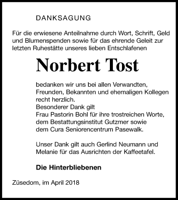 Traueranzeige von Norbert Tost von Pasewalker Zeitung