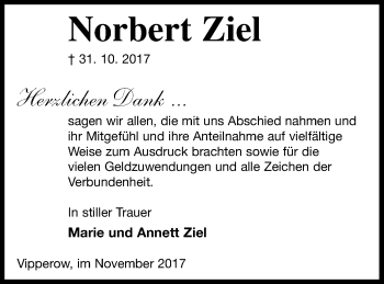 Traueranzeige von Norbert Ziel von Müritz-Zeitung