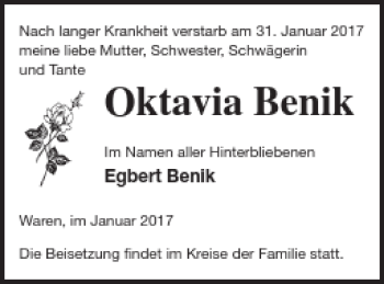 Traueranzeige von Oktavia Benik von Müritz-Zeitung
