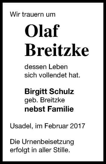 Traueranzeige von Olaf Breitzke von Strelitzer Zeitung