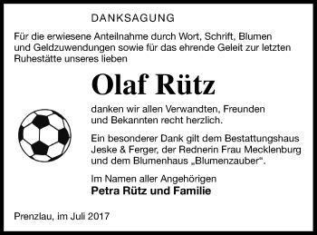 Traueranzeige von Olaf Rütz von Prenzlauer Zeitung