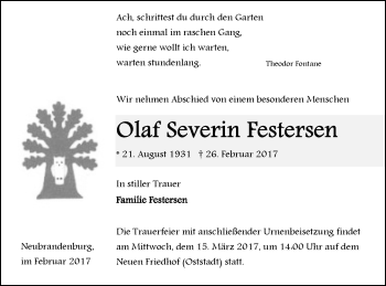 Traueranzeige von Olaf Severin Festersen von Vorpommern Kurier