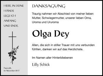 Traueranzeige von Olga Dey von Pasewalker Zeitung