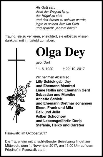 Traueranzeige von Olga Dey von Pasewalker Zeitung