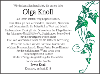 Traueranzeige von Olga Knoll von Vorpommern Kurier