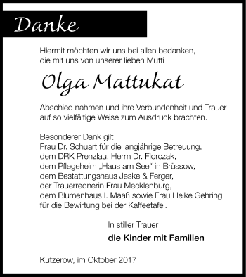 Traueranzeige von Olga Mattukat von Prenzlauer Zeitung