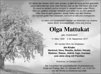 Traueranzeige von Olga Mattukat von Prenzlauer Zeitung