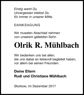 Traueranzeige von Olrik R. Mühlbach von Templiner Zeitung