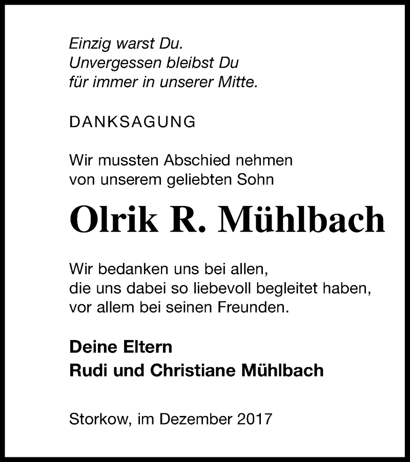  Traueranzeige für Olrik R. Mühlbach vom 08.12.2017 aus Templiner Zeitung