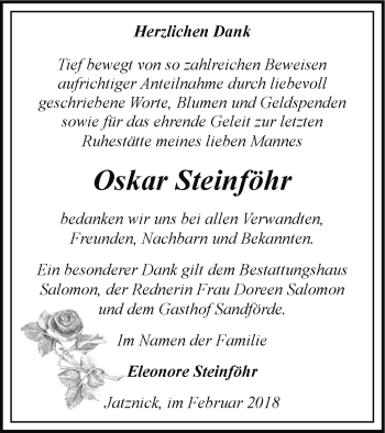 Traueranzeige von Oskar Steinföhr von Haff-Zeitung