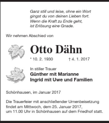 Traueranzeige von Otto Dähn von Pasewalker Zeitung