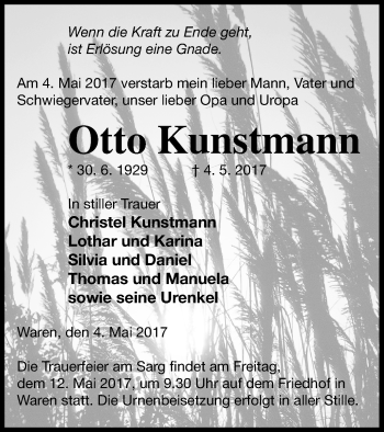 Traueranzeige von Otto Kunstmann von Müritz-Zeitung