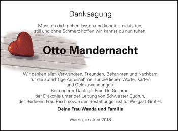 Traueranzeige von Otto Mandernacht von Mecklenburger Schweiz